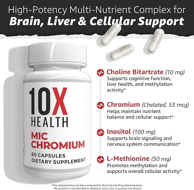 10X Health MIC Chromium Supplements - 60 Capsules - Contains Choline Inositol & L Methionine - Mineral Supplements for Daily Nutritional Support - Chromium, L-Methionine, Choline Supplements