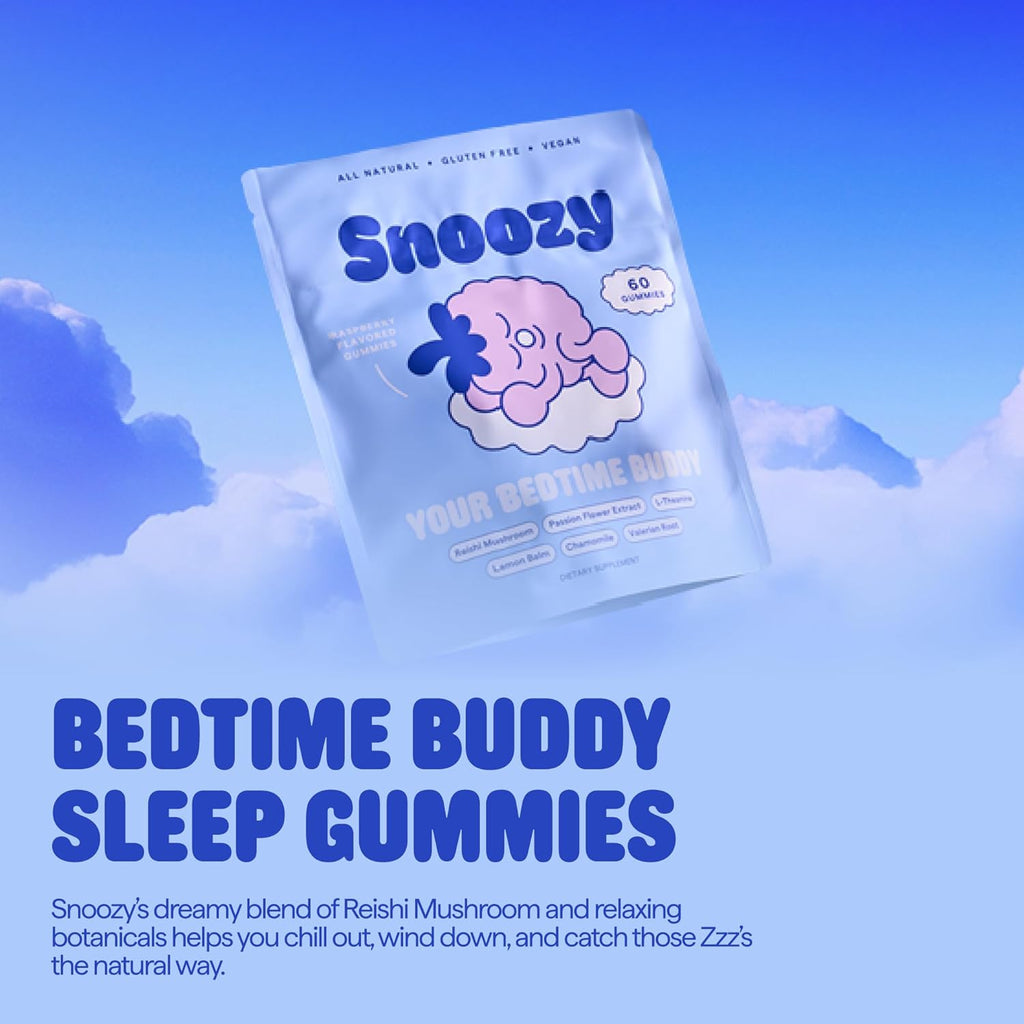 Snoozy Bedtime Buddy, Reishi Mushroom Sleep Gummies | Chamomile, Valerian Root, Lemon Balm Extract | Natural Sleep Aid, Melatonin Free | Raspberry Flavored, 60 Gummies, 1 Pack