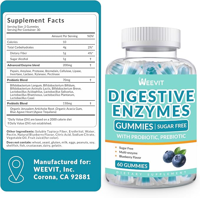 Digestive Enzymes Gummies, Chewable Digestive Enzymes for Women & Men with Probiotics & Prebiotics Blend, Sugar Free | Vegan