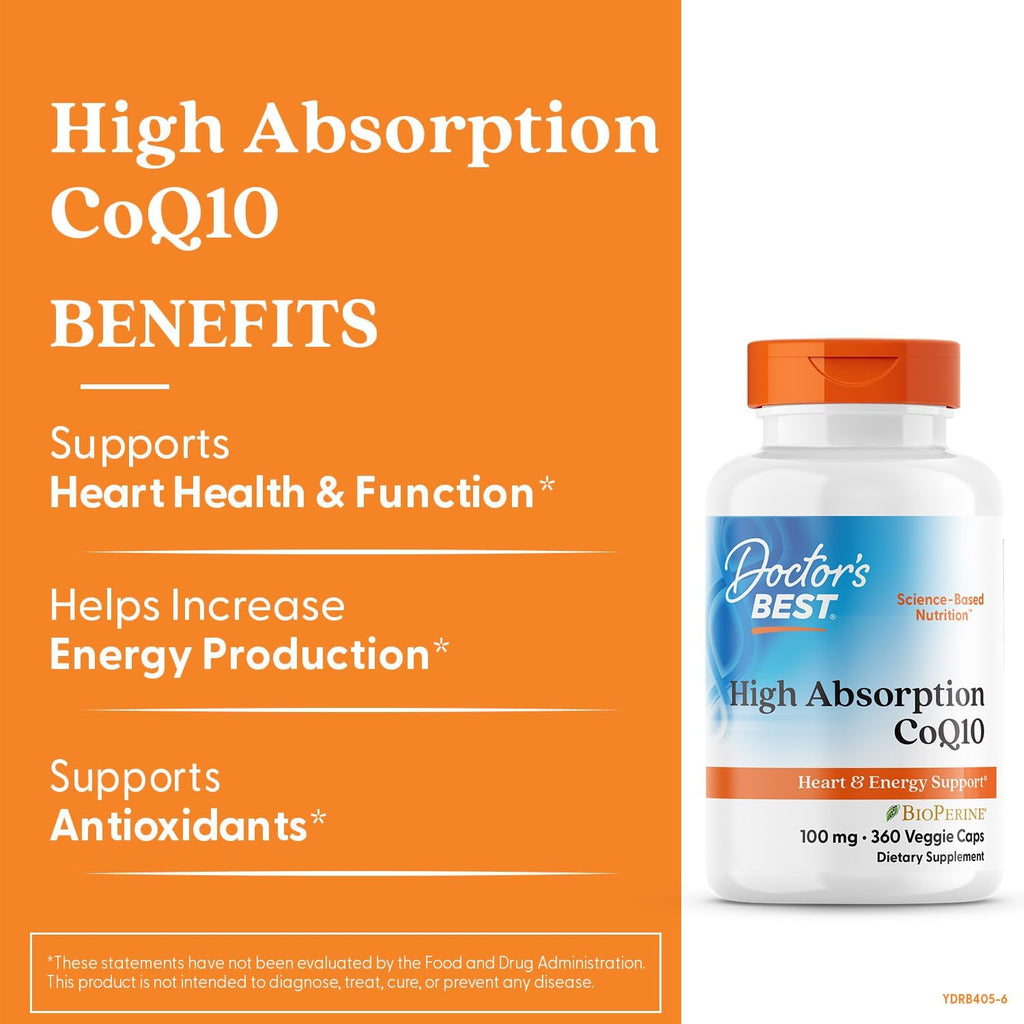 Doctor's Best High Absorption CoQ10 with BioPerine, Gluten Free, Naturally Fermented, Vegan, Heart Health & Energy Production, 100 mg 360 Veggie Caps(Pack of 1)