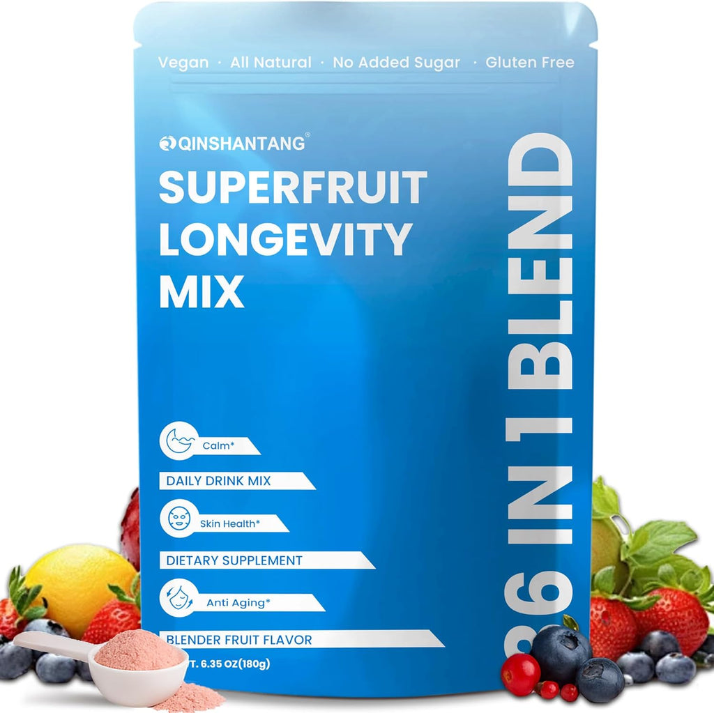 Superfruit Longevity Mix, 36 in 1, Magnesium Glycinate, Mushrooms, Nicotinamide Riboside – Calm, Skin & Anti-Aging Support | Probiotics, 15 Fruits | No Sugar Added, Vegan, Gluten Free, 30 servings