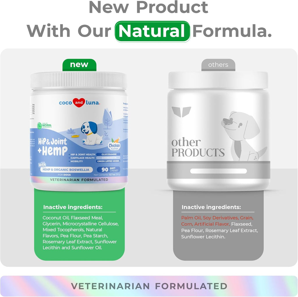 Hemp Hip and Joint Supplement for Dogs - 90 Soft Chews - with Green Lipped Mussel, Glucosamine, Turmeric, Fish Oil, MSM and Yucca Schidigera