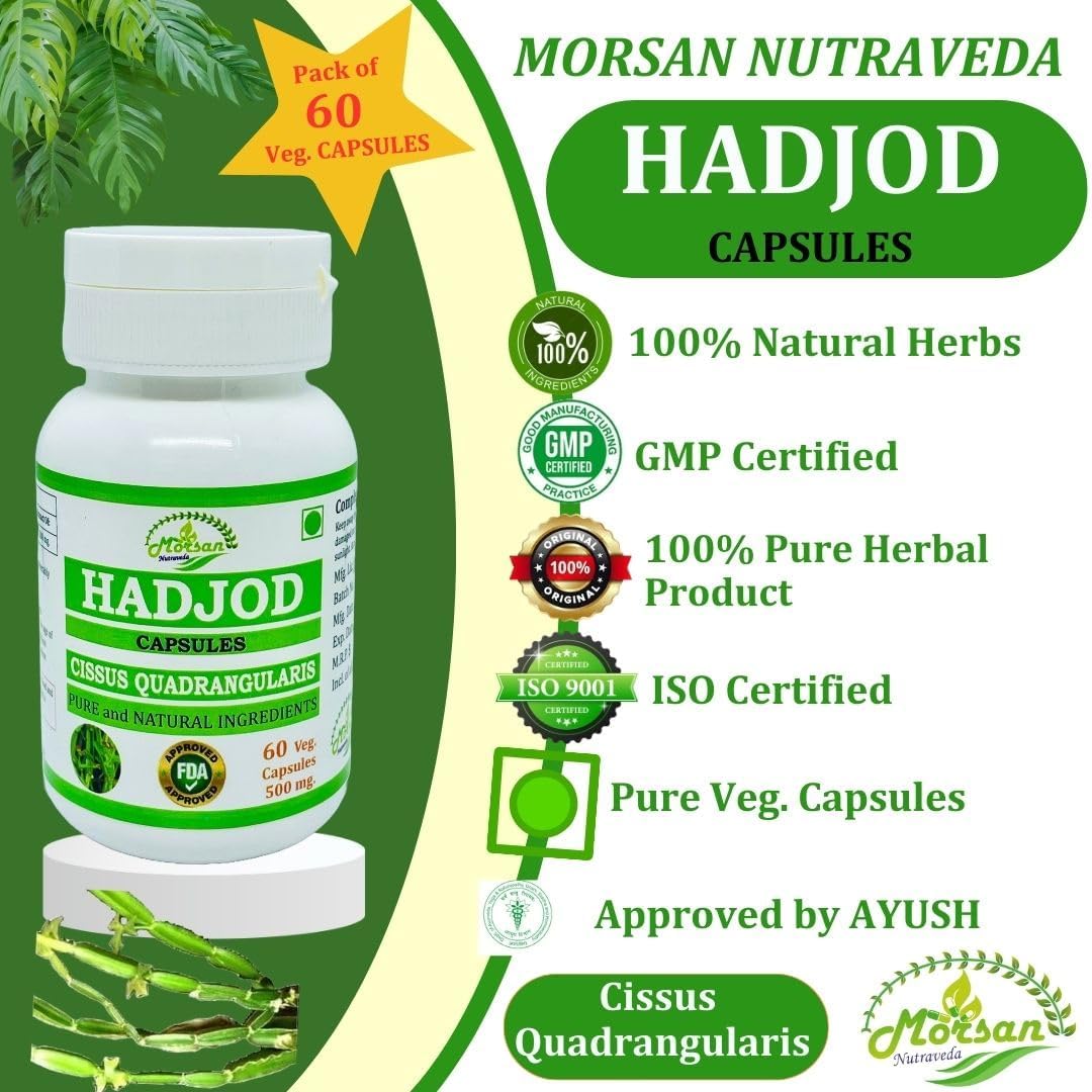 Hadjod (Cissus Quadrangularis) for Optimal Bone and Joint Health | 500 mg per Serving | 60 Vegetarian | Natural Support for Wellness | Non-GMO (4 Bottles of 60)