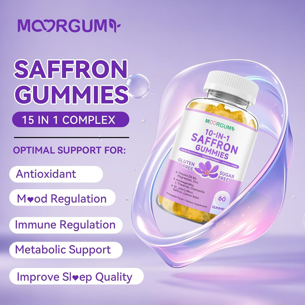 Saffron Gummies for Adult Kids, 10-IN-1 Regulate Cortisol Supplement with Saffron 88.5mg, Vitamin D3, B6, Magnesium, Zinc, Ashwagandha, L-Theanine, St. John's Wort, For Emotions, Slumber, 120 Count