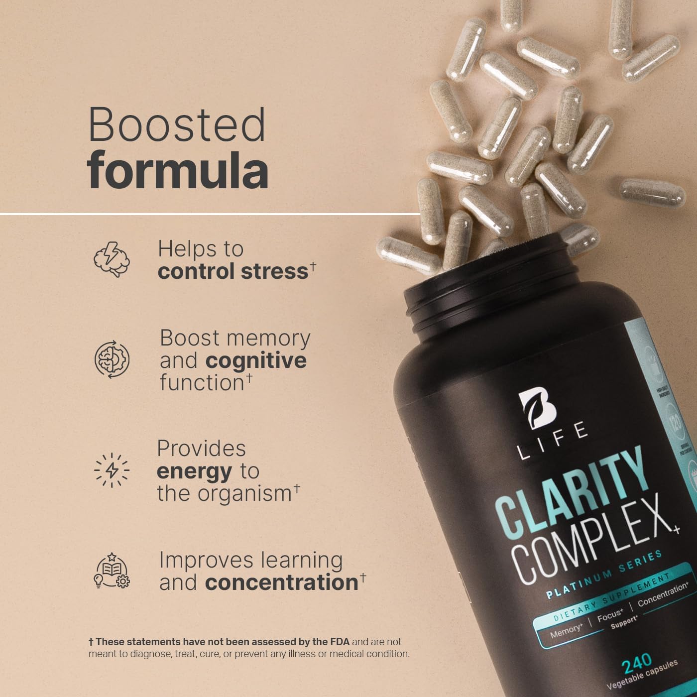 Clarity Complex with Natural Ingredients: Thiamin Vitamin B1, Ashwagandha, Lion's Mane Mushroom | 240 caps | Helps Increase Focus, Cognition, Memory and Clarity | Made in The USA by B Life.