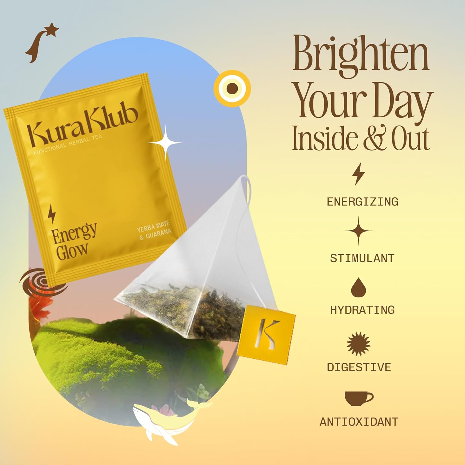Kura Klub Yerba Mate Energy Glow Tea – Premium Energy Herbal Tea with Guarana, Ginger & Peppermint for Digestion, Gut Health & Satiety – Jitter-Free, No Crash – 3-in-1 Wellness Blend – Caffeine Alternative, No Microplastics – 14 Premium Teabags