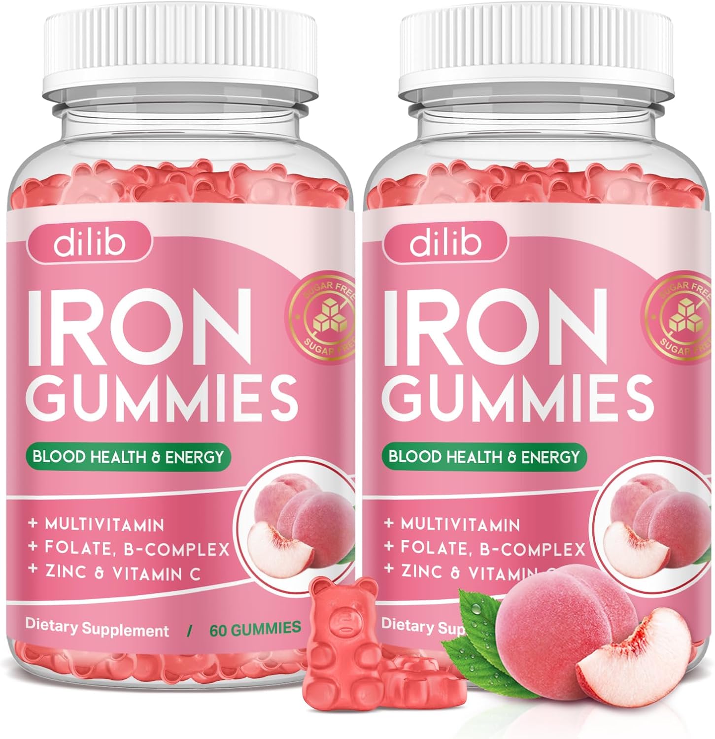 Iron Gummies with Multivitamin, Iron Supplement for Women & Men, Kids Multivitamin with Zinc, Vitamin B Complex & C, B12, Folate - Blood Builder, Energy Support, Peach Flavor, Vegan 120 Gummies