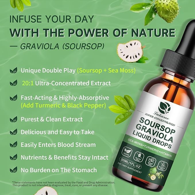 (2 Pack) Soursop Graviola Leaf Extract Liquid Drop Plus Pure Botanical Sea Moss for Cell Support & Regeneration, Immunity and Gut Health, Soursop Bitters Liquid丨Full Texture, Natural Flavor, 1 Fl Oz