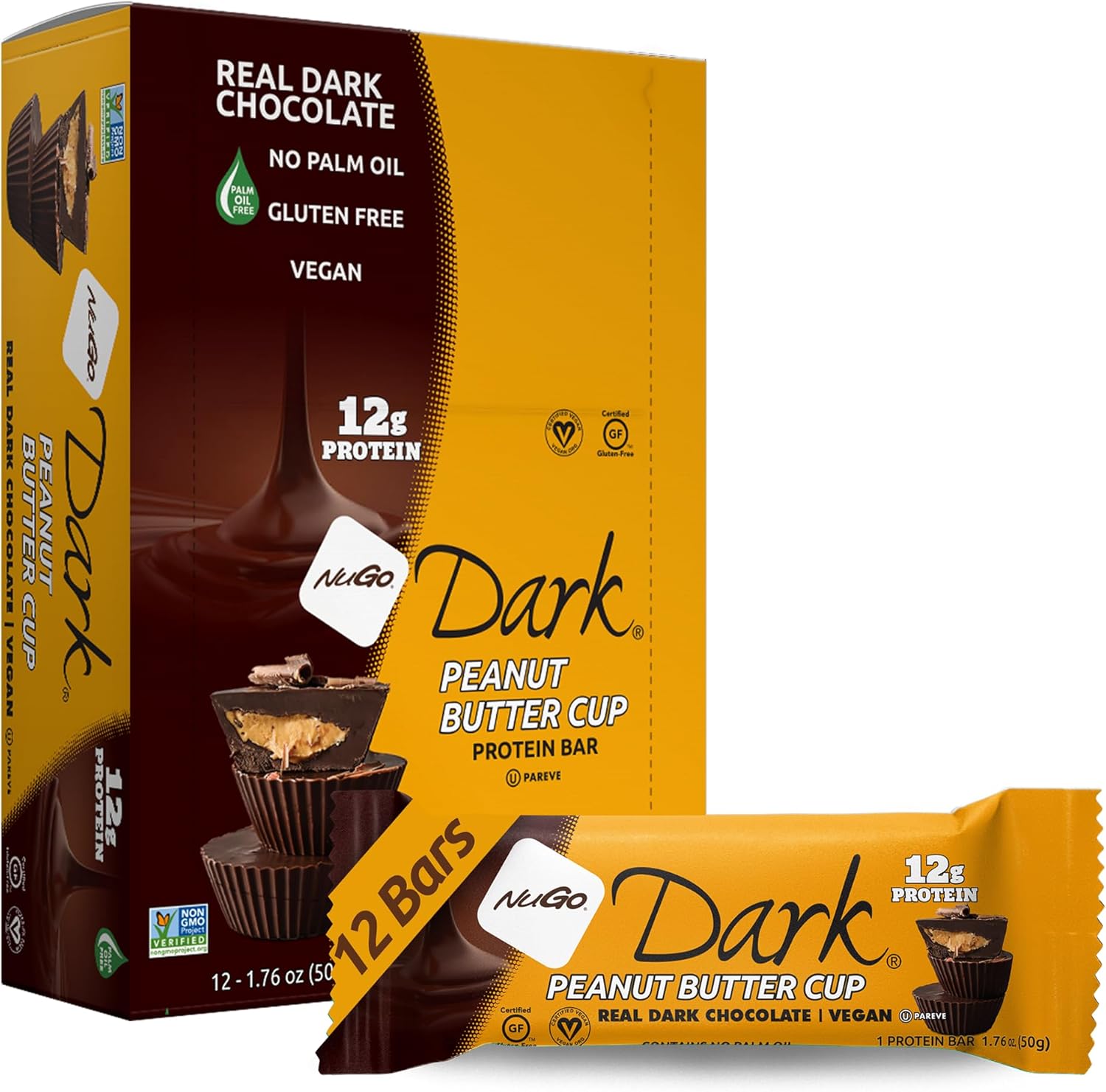 NuGo Dark Chocolate Peanut Butter Cup, 12g Protein Bar, Vegan, Gluten Free, Non-GMO, Kosher Pareve 12 Count