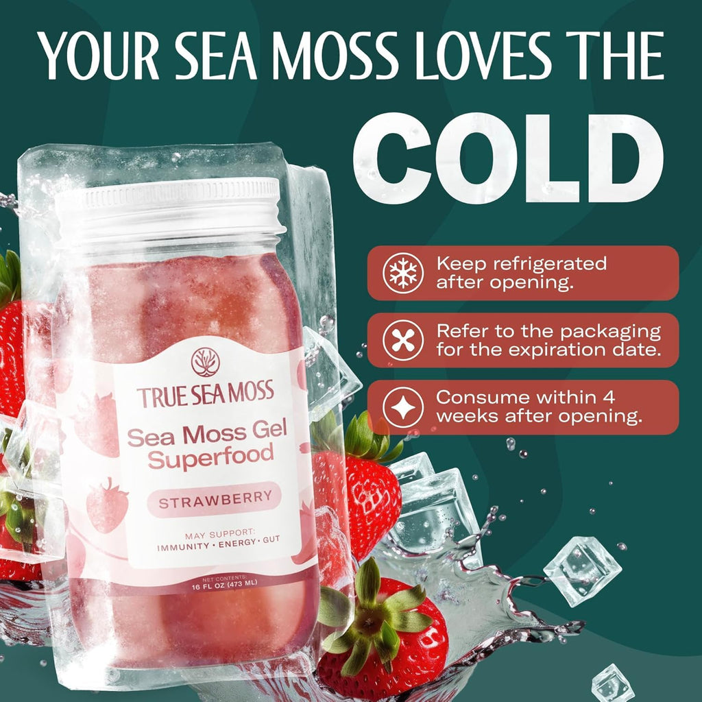 TrueSeaMoss Sea Moss Gel – Made in USA – Wildcrafted Seamoss, Fresh Fruits & Sea Vegetables – Strawberry, Pack of 2 (Labels may Vary)