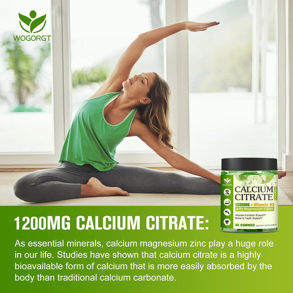 Calcium Citrate 1200mg with Vitamin D3 Supplement for Women and Men - Chewable Calcium Magnesium Zinc D3 K2 Gummies Supplement for Bone, Teeth, Immune Support, Apple Flavor - 60 Gummies