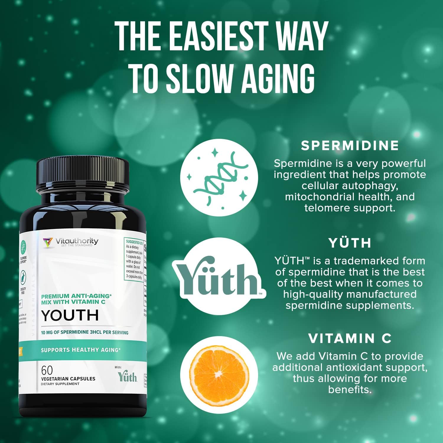 Enhanced Absorption Pure Spermidine Supplement - 99% Standardized Spermidine 3HCL Anti Aging Supplement for Women and Men’s Longevity Brain Telomere Heart Cell and Skin Support - 60 Servings