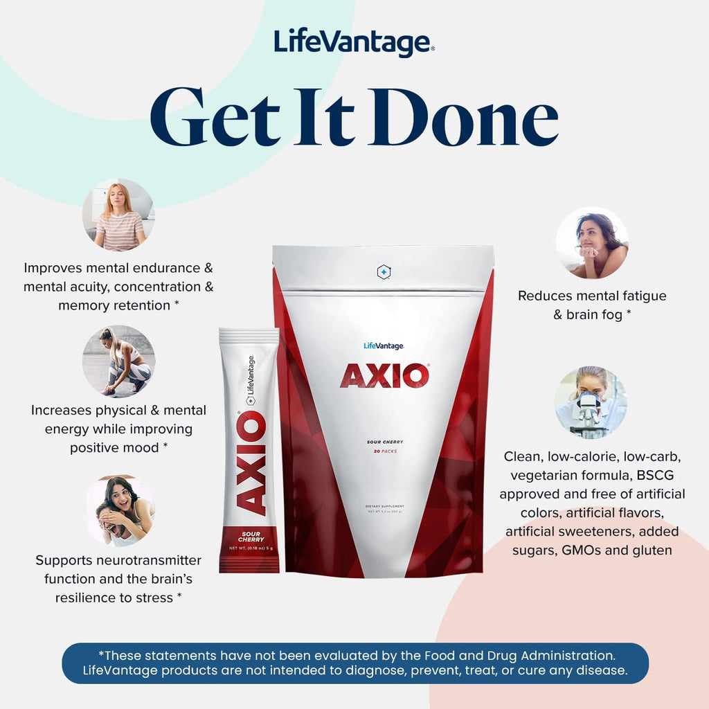 LifeVantage AXIO Regular Energy Drink Powder, Nootropic Supplement, Focus & Mood Support, with L-theanine, Green Tea, B Vitamins, DMAE, Quercetin & Pine Bark, Sour Cherry, 30 Packets