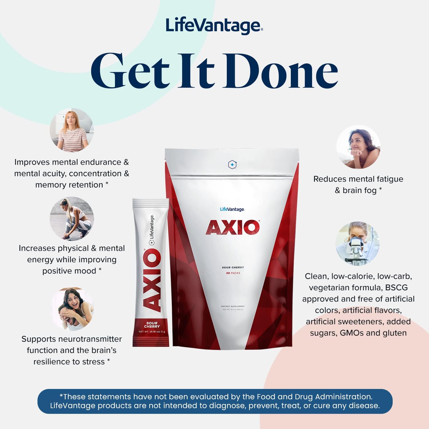 LifeVantage AXIO Regular Energy Drink Powder, Nootropic Supplement, Focus & Mood Support, with L-theanine, Green Tea, B Vitamins, DMAE, Quercetin & Pine Bark, Sour Cherry, 30 Packets