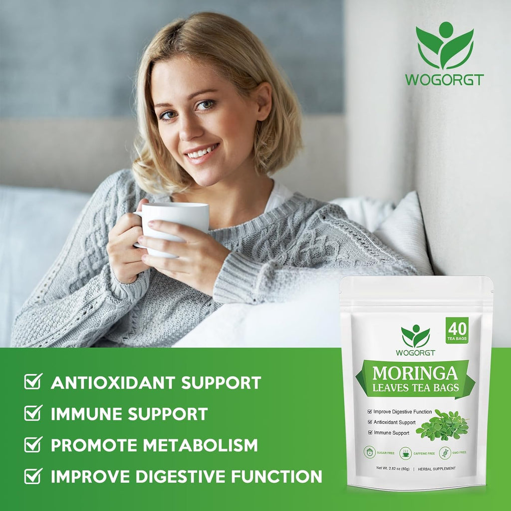 WOGORGT Organic Moringa Tea Bags - Pure Moringa Leaves Herbal Tea from India - Rich in Natural Antioxidants & Supports Daily Wellness - Caffeine Free, Sugar Free, Vegan - 40 Tea Bags