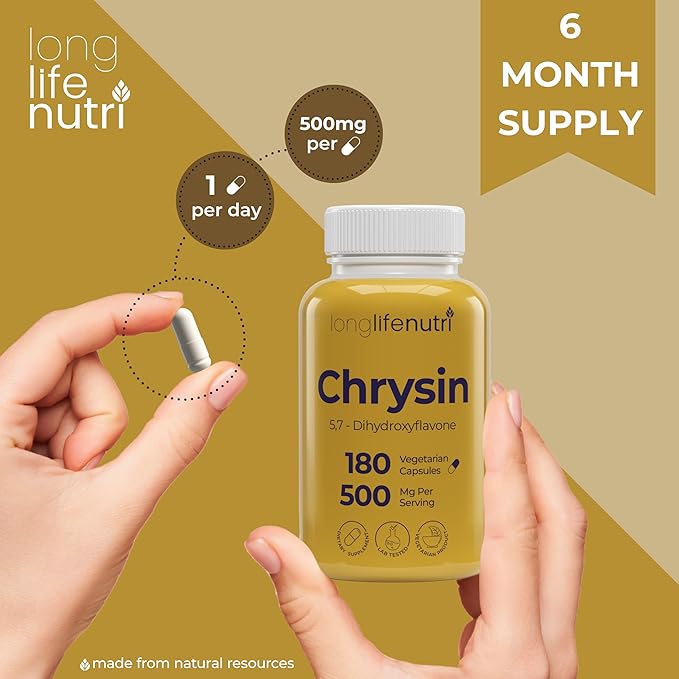 LongLifeNutri Chrysin 500mg – 180 Vegetarian Capsules, from Passion Flower, 5, 7-Dihydroxyflavone, Natural Antioxidant for Overall Wellness, 6-Month Supply, GMP Certified, Made in USA