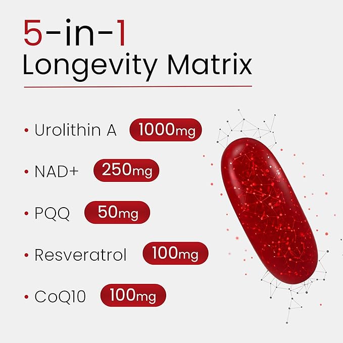 Urolithin A Supplement with NAD, Resveratrol, CoQ10, PQQ – 5-in-1 Longevity Complex to Support Healthy Aging, Mitochondrial Energy, Cellular Renewal, Cognitive Function, Muscle Health – 2 Month Supply