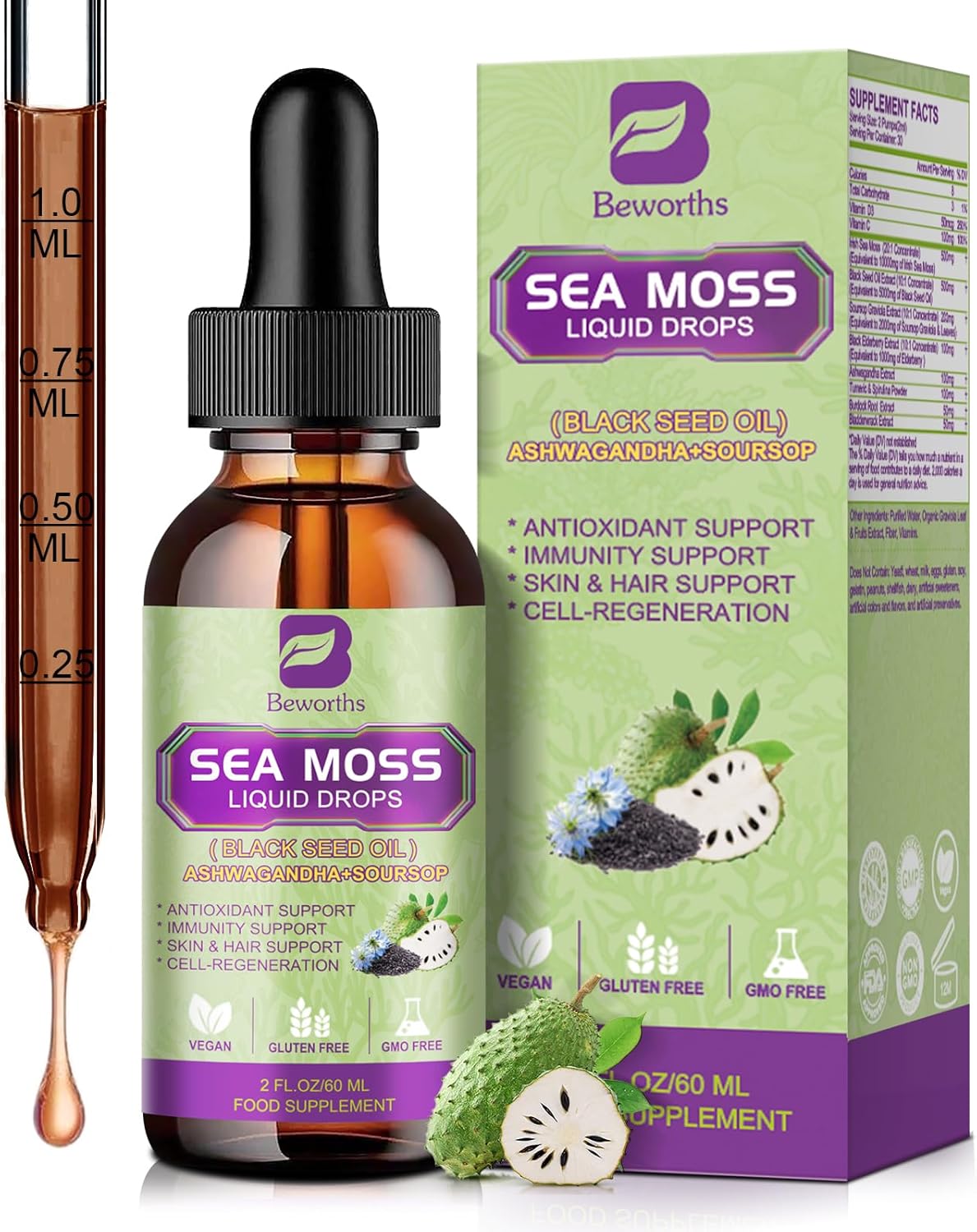 Sea Moss Liquid Drops - Irish Sea Moss & Black Seed Oil with Ashwagandha, Soursop Bitters, Elderberry, Burdock Root, Bladderwrack, Seamoss Supplement Support Antioxidant, Immune, Gut Health