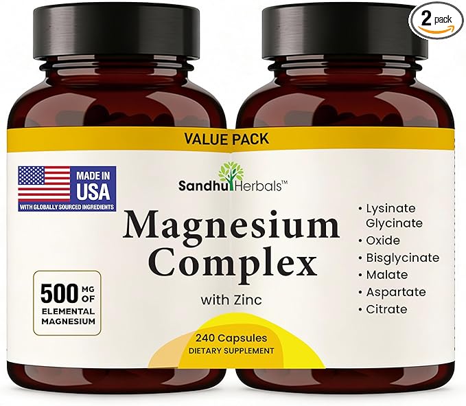 Complete Magnesium Complex 500mg for Women & Men | 240 Capsules | 6 in 1 Mag Supplement with Zinc | Quality Sleep & Muscle Health | Glycinate, Citrate, Malate, Oxide, Aspartate, Lysinate Glycinate