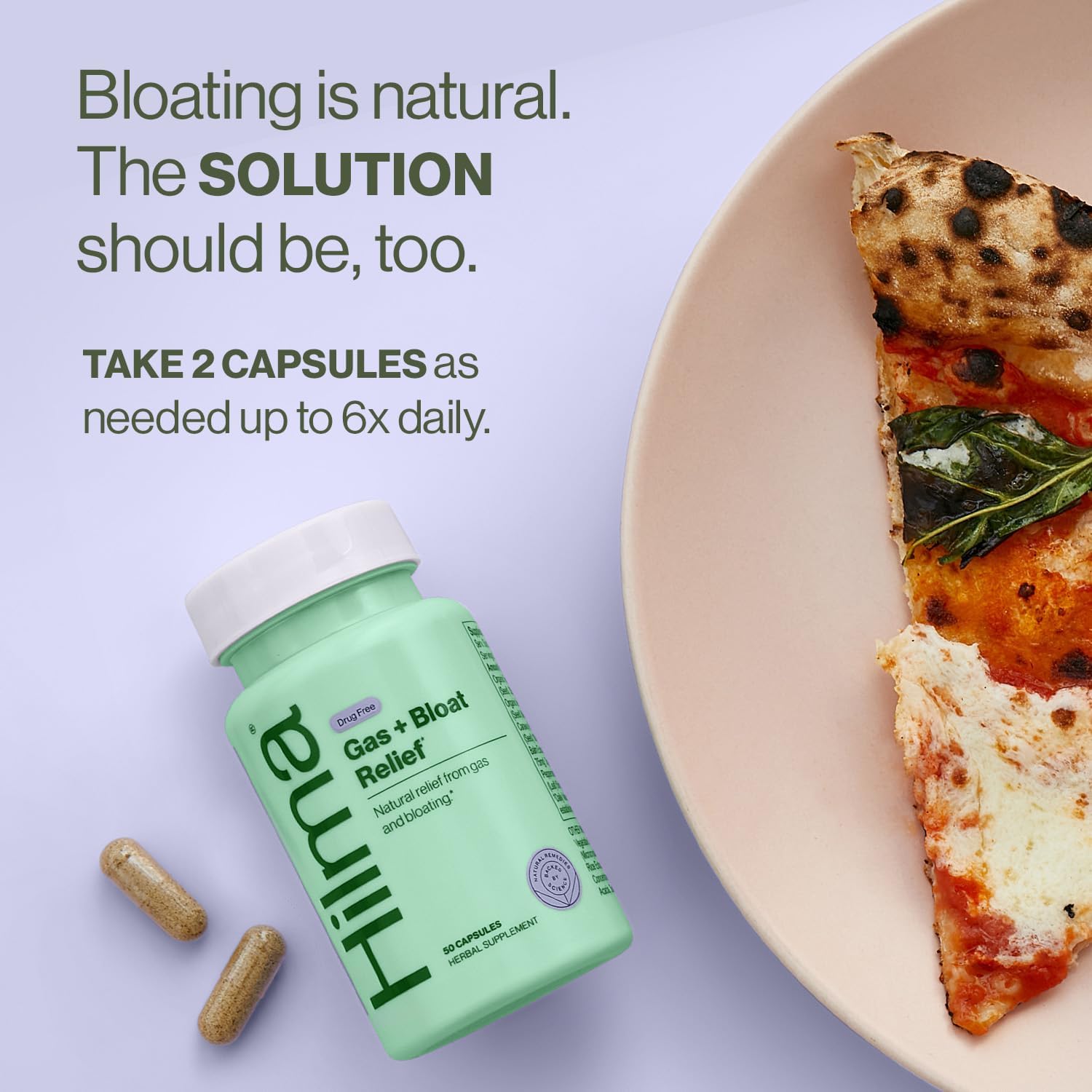 Hilma Natural Gas and Bloating Relief for Women, Doctor Formulated with Organic Ingredients, Lemon Balm, Fennel and Peppermint Leaf, 50 Vegan Capsules