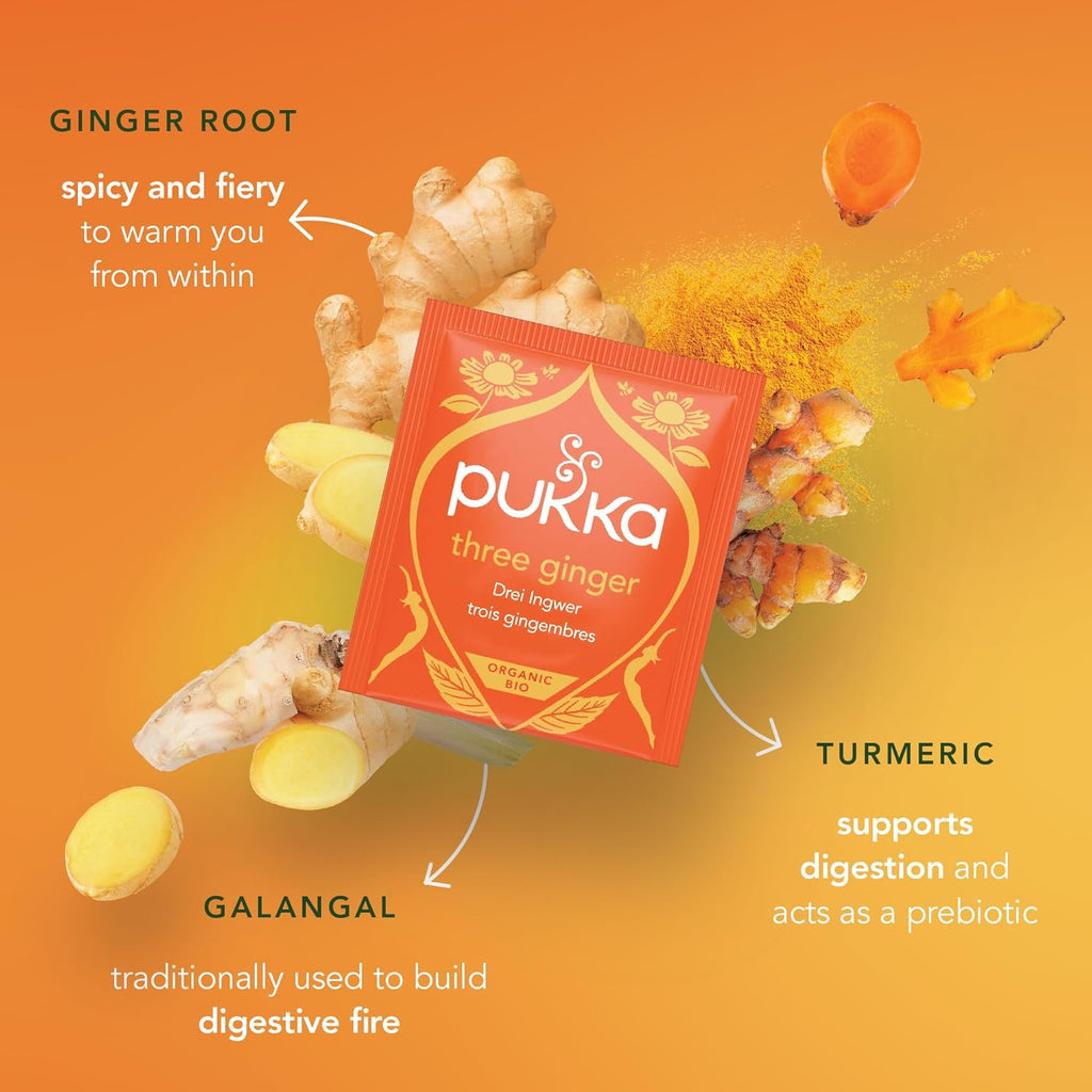 Pukka Three Ginger Organic Herbal Tea, Digestion-Aiding Infusion With Ginger, Turmeric, and Galangal, Tea Gift Set Ideal After Meals, Caffeine Free, 80 Total Bags (20ct - Pack of 4)