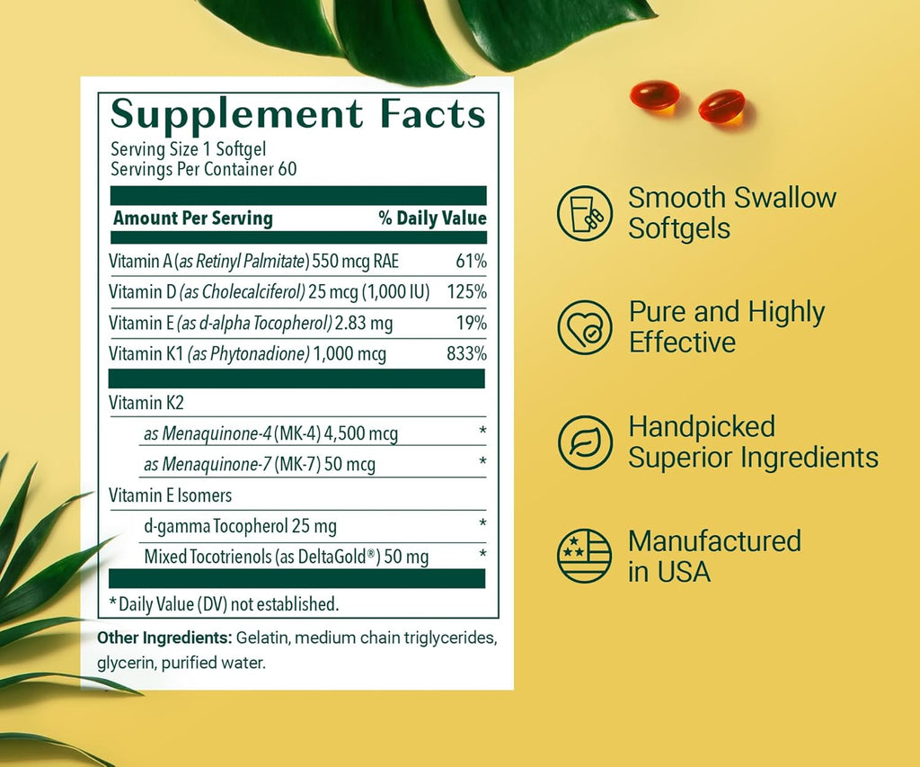 ALGAECAL 4-in-1 Vitamin D3 K2 Complete - ADK Vitamin Supplement, Enhanced Immune Support & Bone Health with D3 K2, A, & E - Whole Body Wellness & Bone Strength, 60 Easy-Swallow Softgels, Made in USA