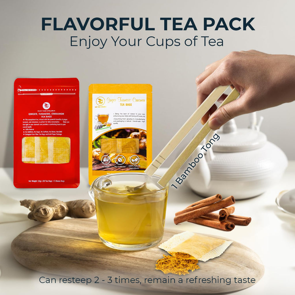 Ginger Cinnamon Turmric Tea Bags with Bamboo Tong - 55 Count (+5 Count), 5.47 oz, Re-Steep Corn Based Bag, Natural Herbal Tea for Body Warm, Liver Support