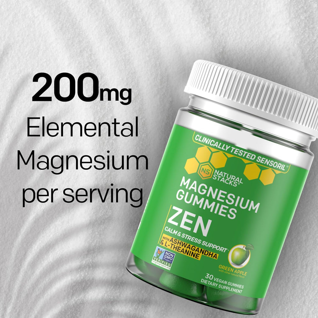 Zen Magnesium Gummies - 200mg Magnesium Citrate & 125mg Sensoril Ashwagandha Gummies - with L Theanine for Calm & Stress Support - Mag Citrate and Ashwagandha Supplement - 30 Green Apple Chewables