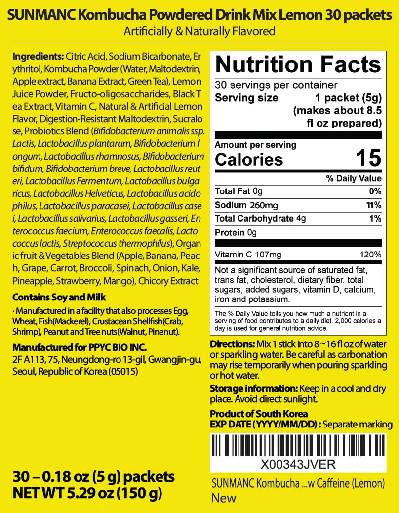 SUNMANC Kombucha 30 packets, Sparkling Probiotic Fermented Drink, Convenient Powdered Drink Mix, Tea Powder, Low Calories, Sugar 0g, Low Caffeine (Lemon)