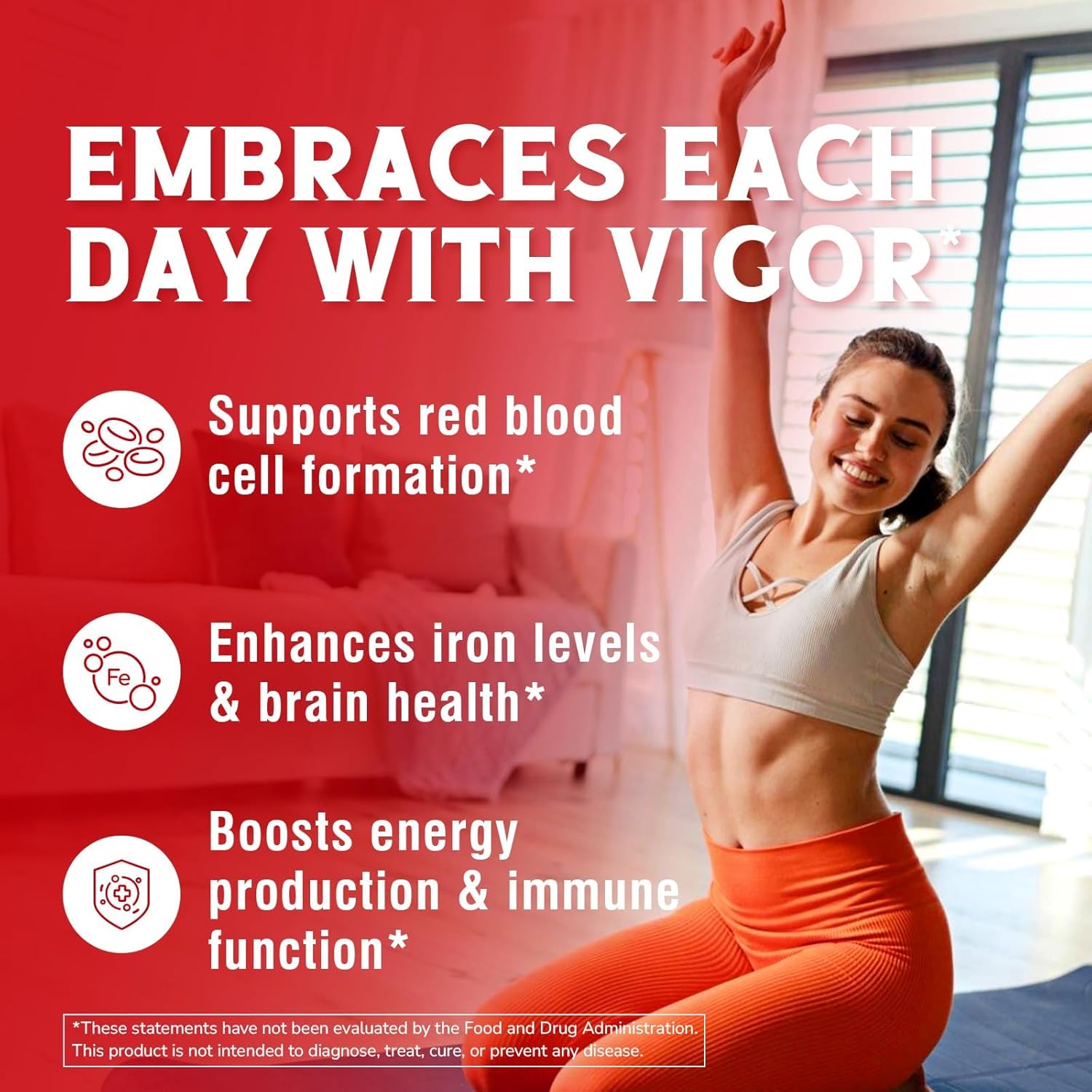 Iron Supplement for Women & Men, with Vitamins C, B6, B12 & Folate for Iron Deficiency, Blood Building & Energy Support, Stomach Friendly, Better Absorption, Non-GMO, No Gluten, 180 Vegan Caps