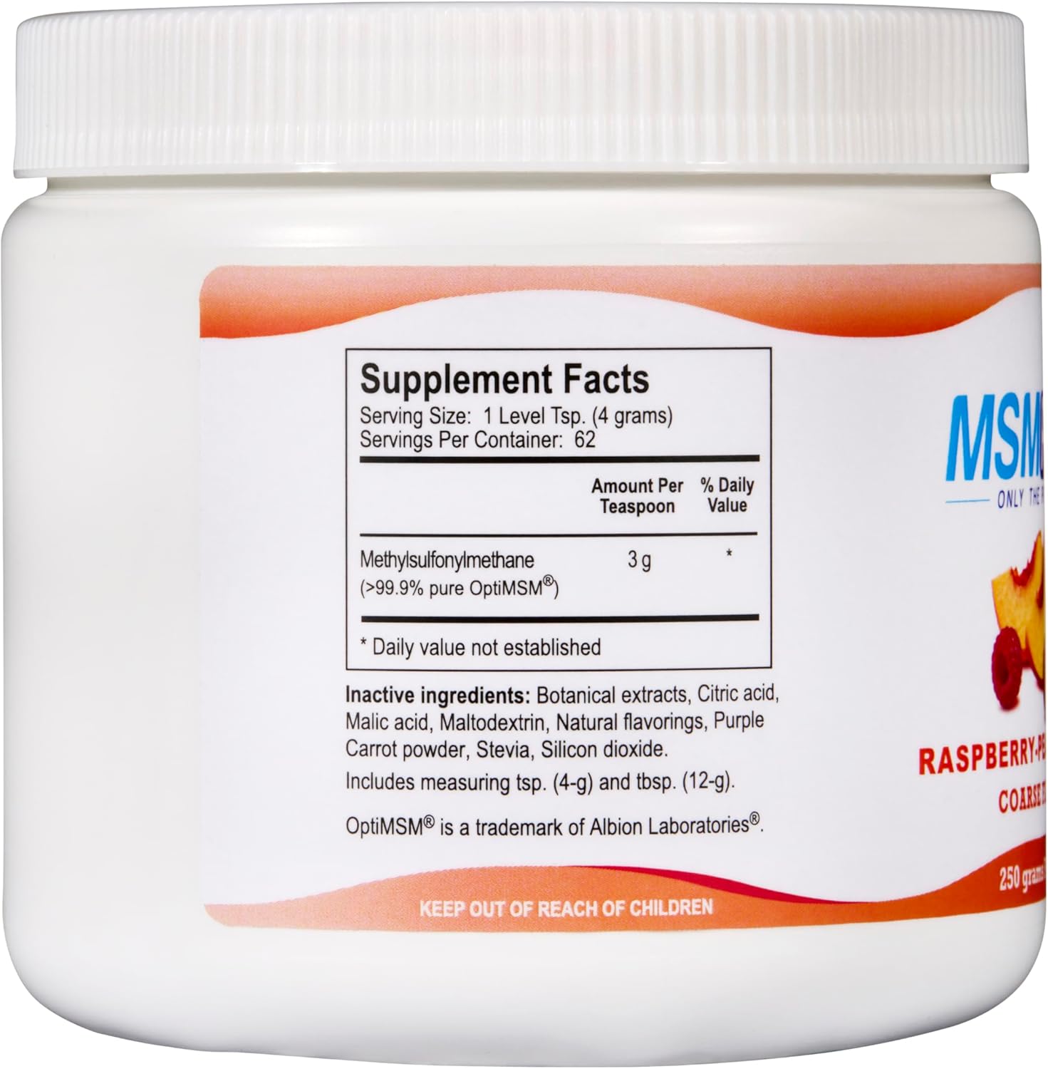 KALA HEALTH MSMPure Raspberry Peach Flavored Coarse MSM Powder Flakes – US-Made MSM for Joint Health, Skin Appearance, and Hair & Nail Support – 8.8 oz, Organic Sulfur
