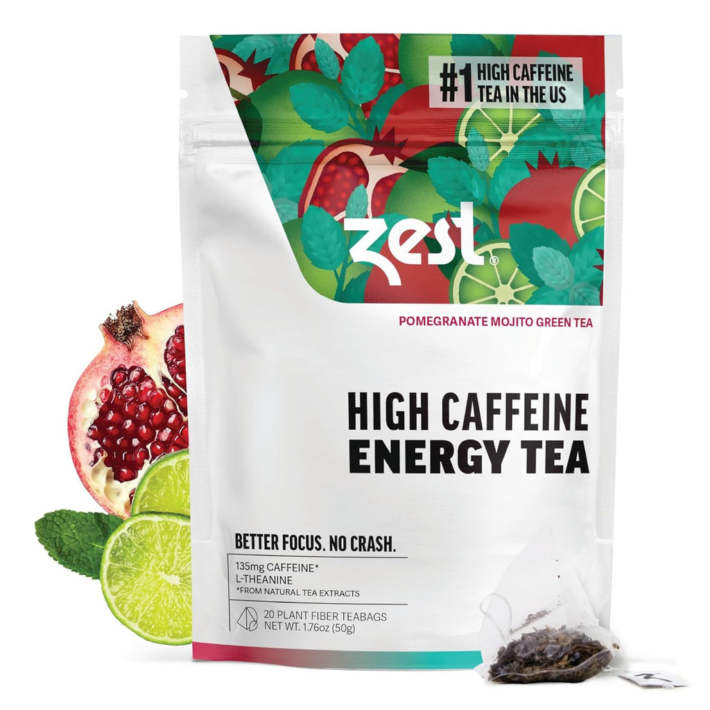 Zest Energy Green Tea - Pomegranate Mojito - High Caffeine Peppermint Tea Bags - Caffeinated Coffee Altnernative/Substitute - Natural, Non-GMO & Keto Friendly - Hot or Iced - 20Ct Pack - 135mg Caf