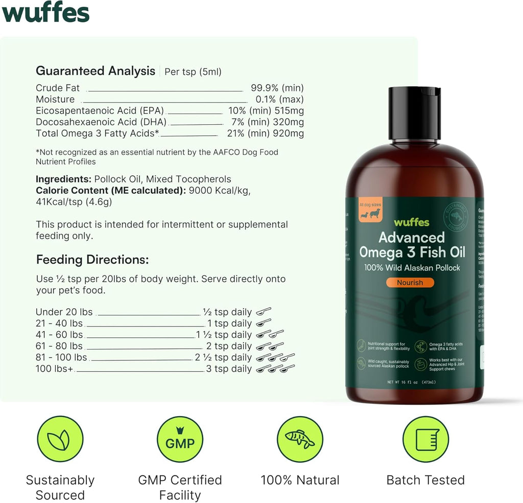 Wuffes Advanced Omega 3 Fish Oil for Dogs, Natural EPA & DHA Fatty Acids, Supports Healthy Skin and Coat, Joint Nutrition, Digestion & Immune System - 100% Pure Wild Alaskan Fish Oil, 16 Oz