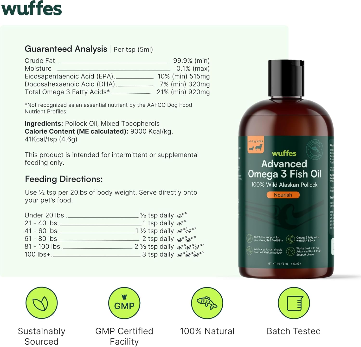 Wuffes Advanced Omega 3 Fish Oil for Dogs, Natural EPA & DHA Fatty Acids, Supports Healthy Skin and Coat, Joint Nutrition, Digestion & Immune System - 100% Pure Wild Alaskan Fish Oil, 16 Oz