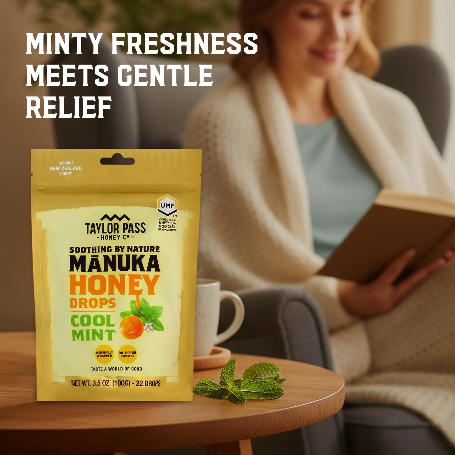 Taylor Pass Honey Co Mānuka Honey Drops UMF™ 10+ | Cool Mint | Mānuka Honey Lozenges | Soothing Natural Manuka On-the-Go | 22 Individually Wrapped Drops | Made in New Zealand