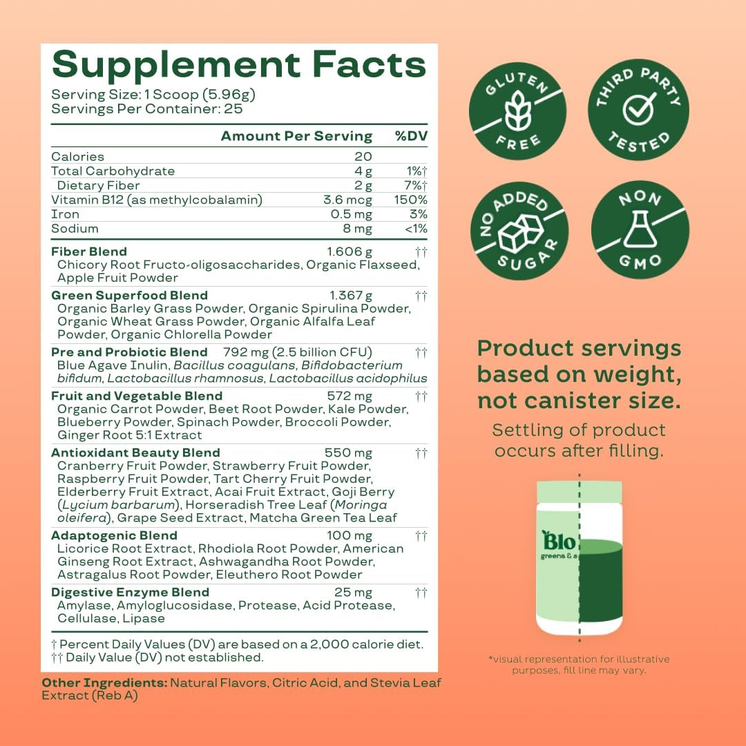 Bloom Nutrition Superfood Greens Powder, Digestive Enzymes with Probiotics and Prebiotics, Gut Health, Bloating Relief for Women, Chlorella, Green Juice Mix with Beet Root Powder, 25 SVG, Peach