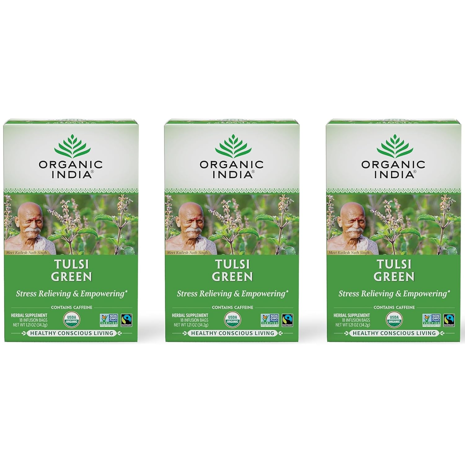 ORGANIC INDIA Tulsi Green Tea Bags - Holy Basil Tea, African Basil, Stress Relieving, Immune Support, USDA Certified Organic, Premium Darjeeling Green Tea, Caffeinated - 18 Infusion Bags, 3 Pack
