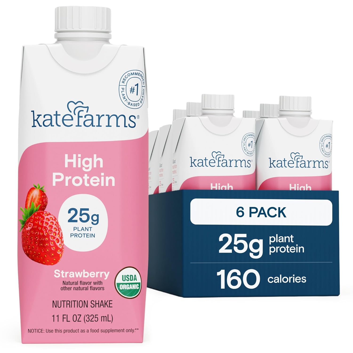 KATE FARMS Organic High Protein Strawberry Nutrition Shake, 25g Protein, 6g Fiber, 27 Vitamins and Minerals, 0g Sugar, Protein Drink, 11 oz (6 Pack)