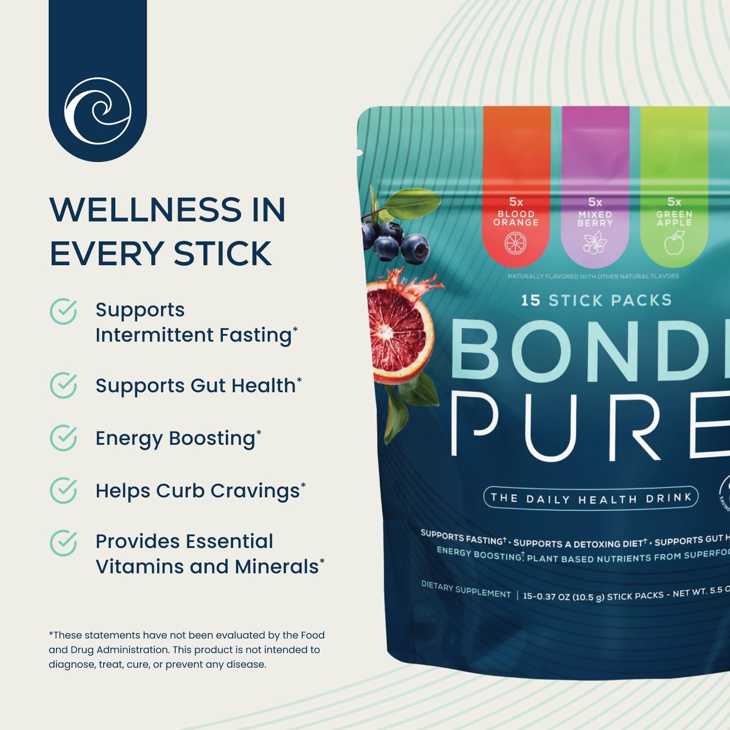 Bondi Pure - Daily Health & Detox Drink - Promote Gut Health & Energy Support During a Cleanse or Intermittent Fasting - Plant-Based Fibers, Alkalizing Super Greens - Variety Stick Pack (30 Servings)