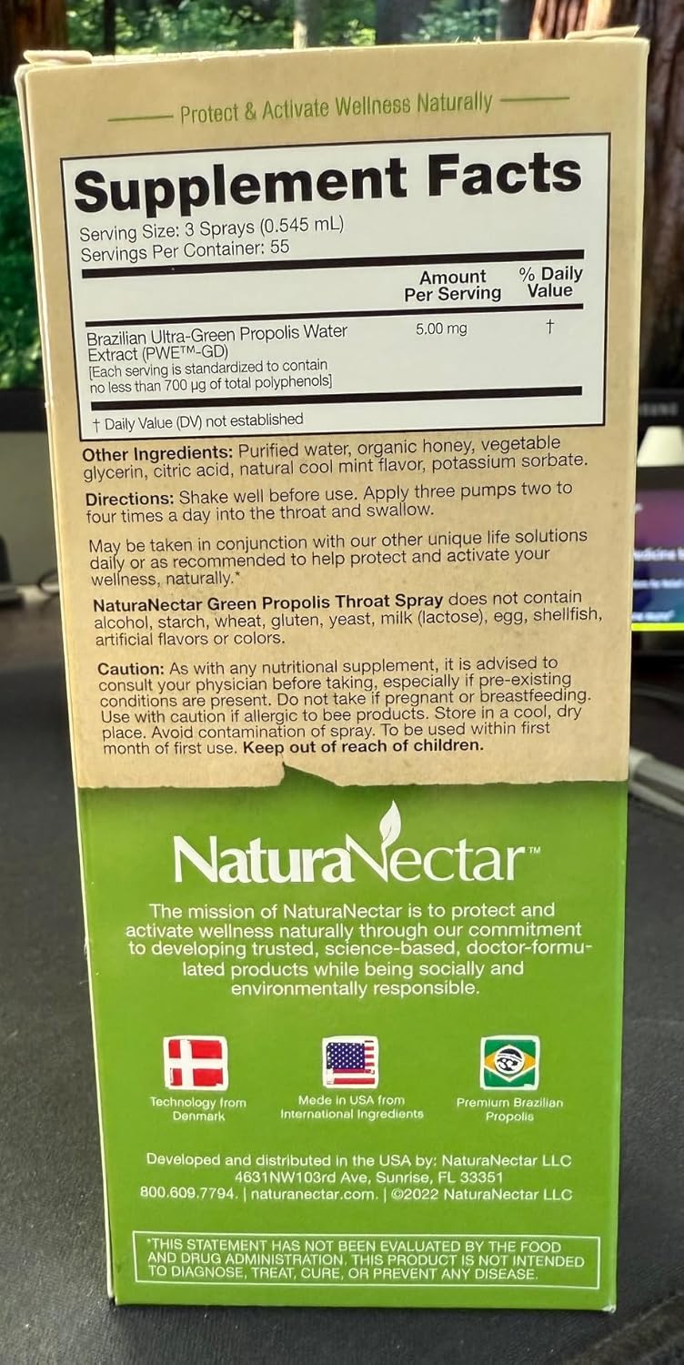 NaturaNectar Green Bee Propolis Throat Spray | Fast, Soothing Throat Care Wellness Support | Non-Alcoholic Family Friendly Formula (2-Years and up) | Sustainable Beekeeping | Eco-Friendly (2 Pack)