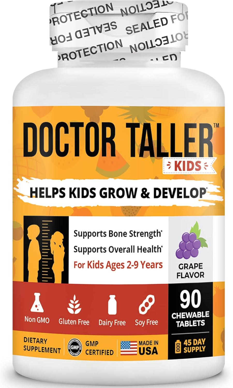 Doctor Taller Kids - Kids Multivitamins, Toddler Vitamins - Support Bone Strength, Enhanced Immunity with Calcium, Multivitamins for Ages 2 to 9 - Grape Flavor - 90 Chewable Tablets | 6 Weeks Supply