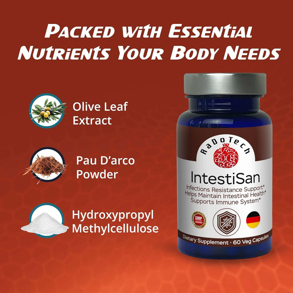 IntestiSan, Olive Leaf Extract with PAU D’Arco, Immune Support Supplement for Intestinal Health and Resilience, Natural Immune Support Formula for Total Wellness, GMP (60 Count (Pack of 1))