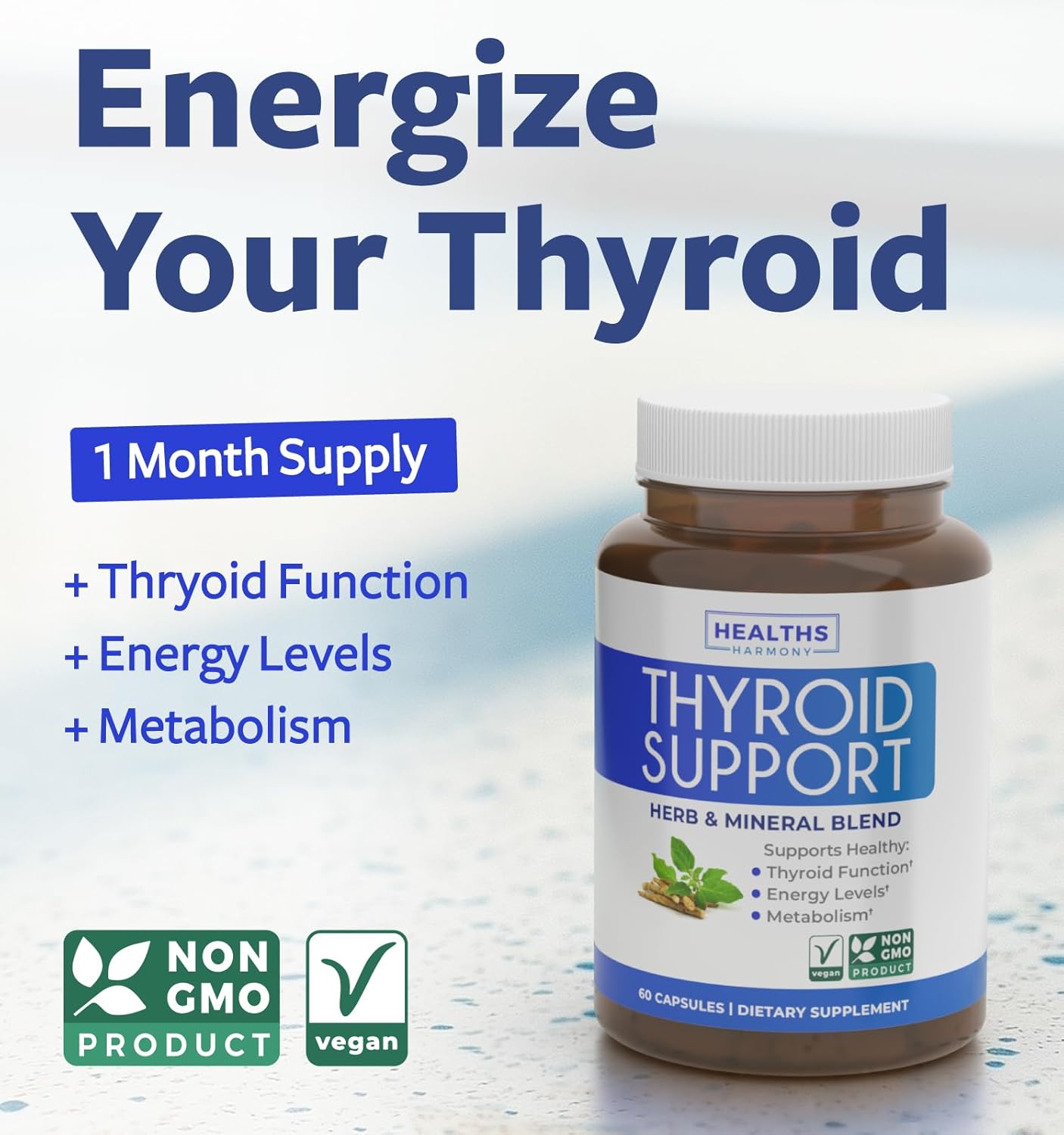 Thyroid Support with Iodine (Non-GMO) Improve Your Energy & Mood - Metabolism Booster Thyroid Health Supplement for Women and for Men - Ashwagandha, Zinc, B12 Complex - 60 Capsules