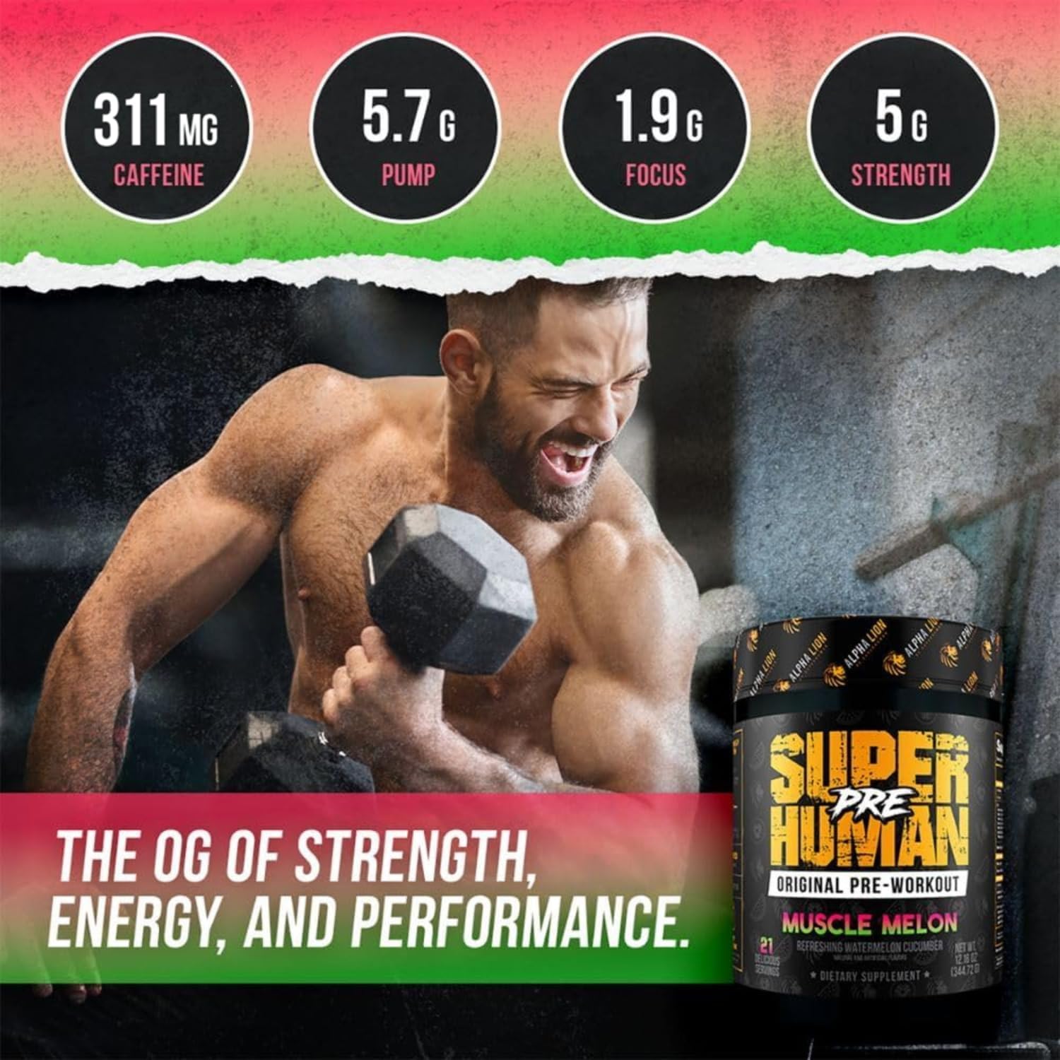 ALPHA LION Superhuman Pre Workout Powder, Beta Alanine, L-Taurine & Tri-Source Caffeine for Sustained Energy & Focus, Nitric Oxide & Citrulline for Pump (21 Servings, Muscle Melon)