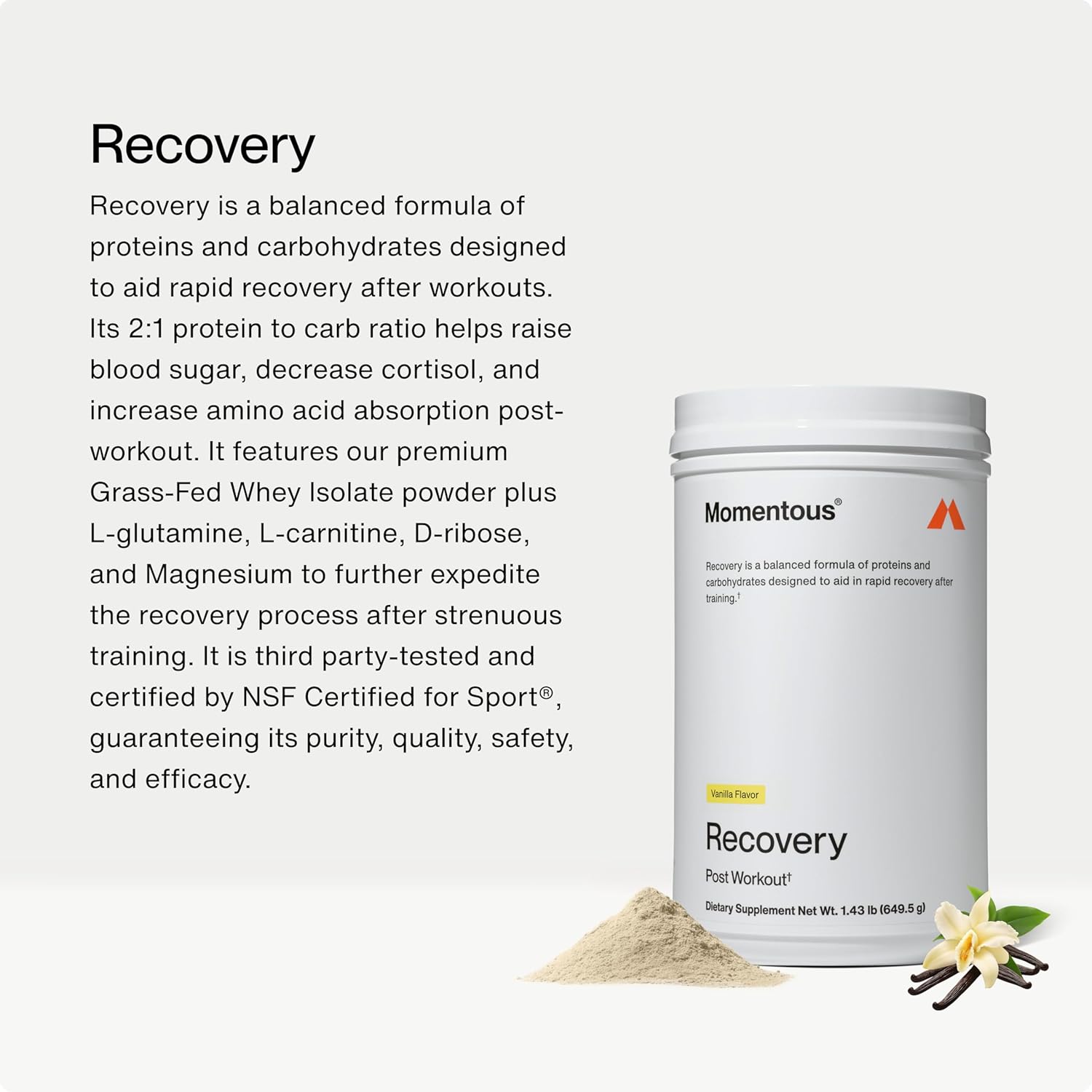 Momentous Recovery Grass-Fed Whey Protein Powder - 20 g Post-Workout Whey Isolate Protein - NSF Certified for Sport - Gluten-Free - 15 Servings - Vanilla - Package May Vary