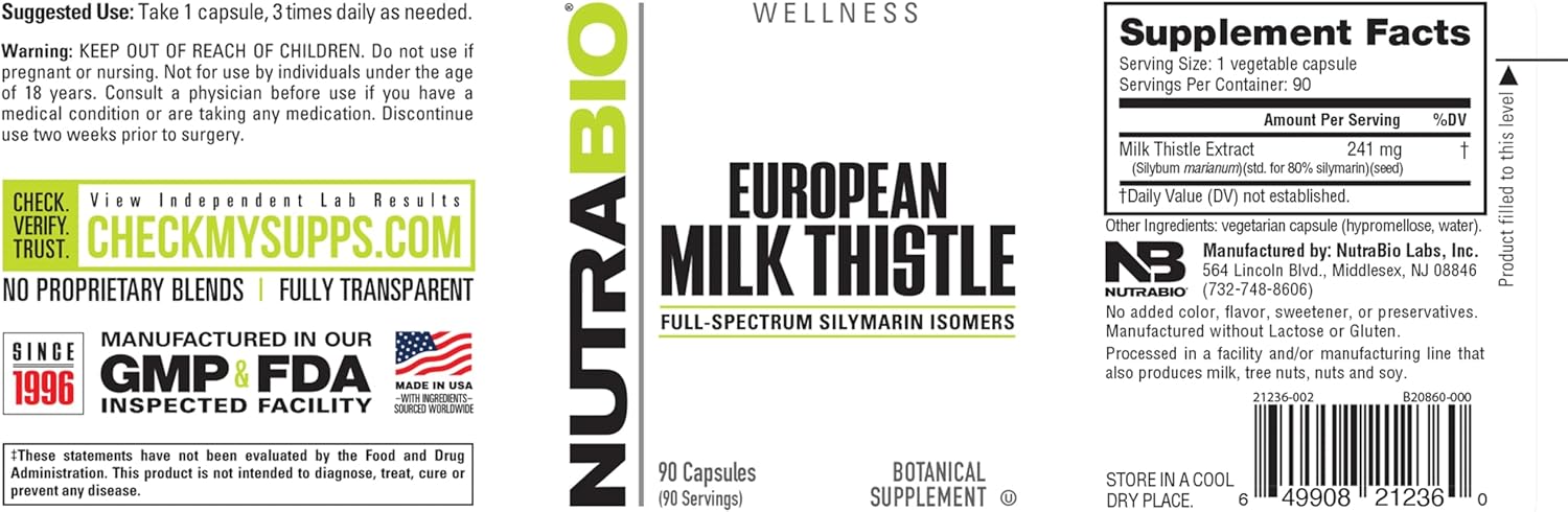 NutraBio European Milk Thistle Supplement, 241mg - Supports Antioxidant Benefits and Wellness, 90 Capsules