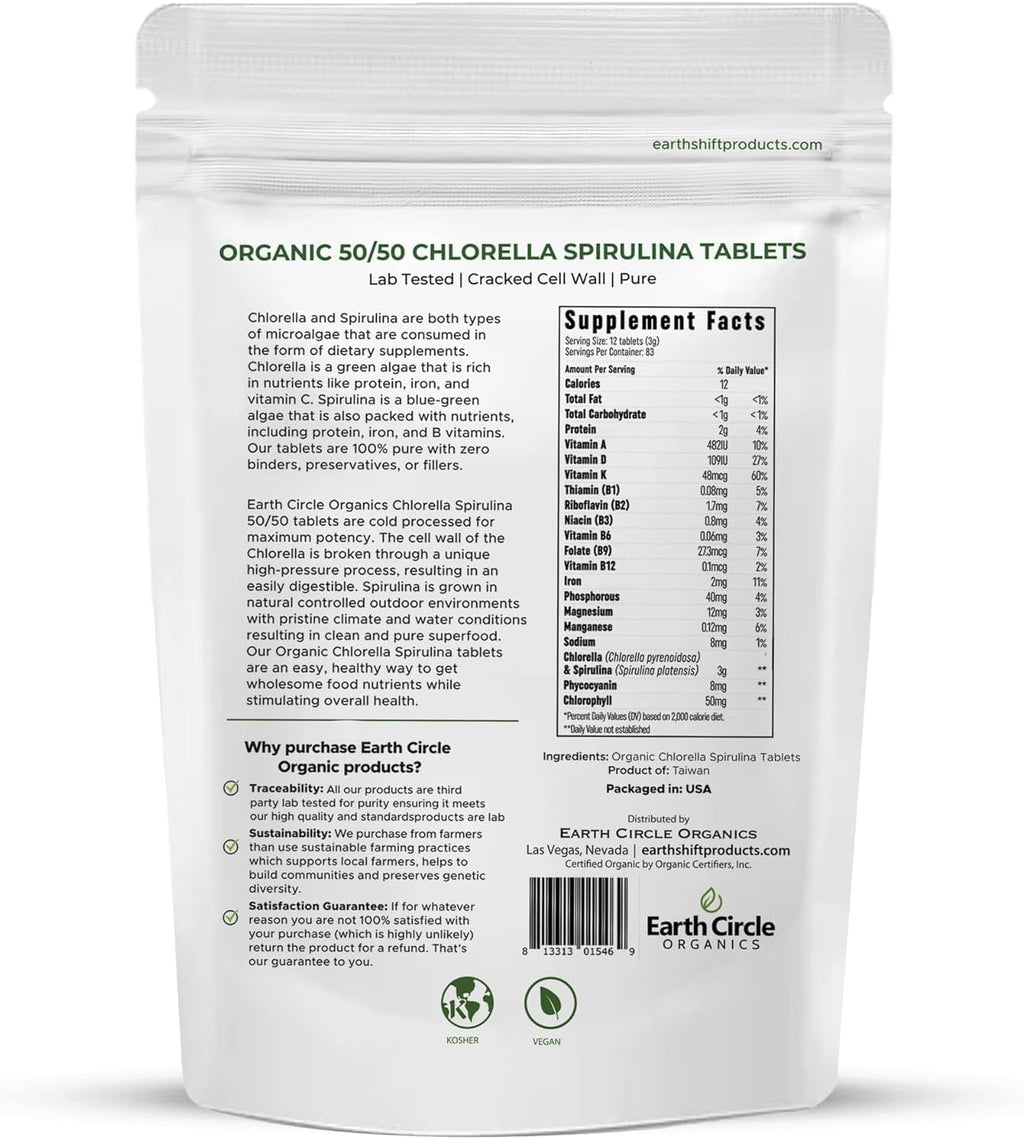 Premium Organic CHLORELLA /SPIRULINA 1000 Tablets (50/50) Kosher, Vegan - Green Algae Superfood, Cracked Cell Wall, Chlorophyll, High in Protein & Iron, no additives, or fillers 8.75 Oz (3 Pack)