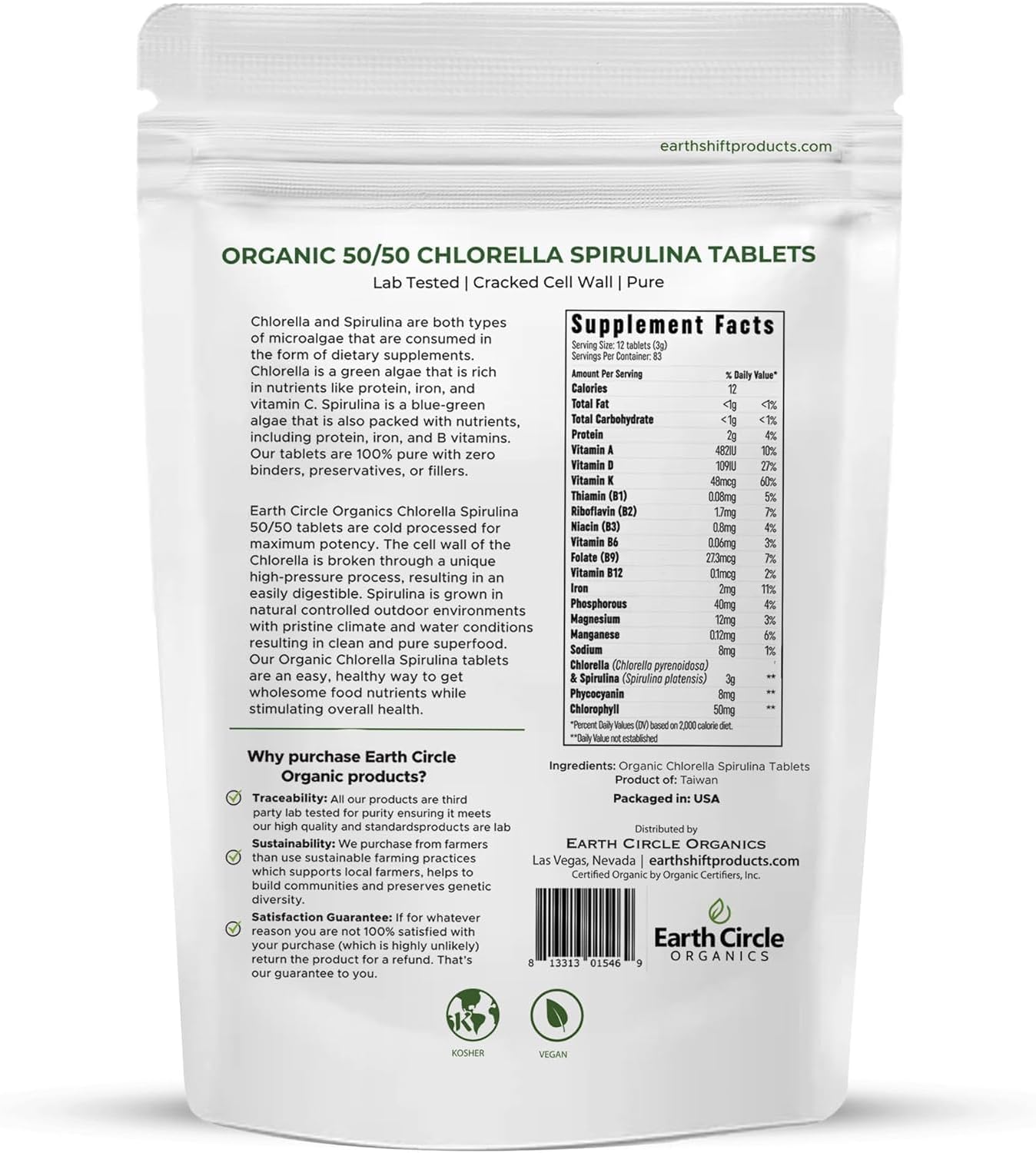Premium Organic CHLORELLA /SPIRULINA 1000 Tablets (50/50) Kosher, Vegan - Green Algae Superfood, Cracked Cell Wall, Chlorophyll, High in Protein & Iron, no additives, or fillers 8.75 Oz (3 Pack)