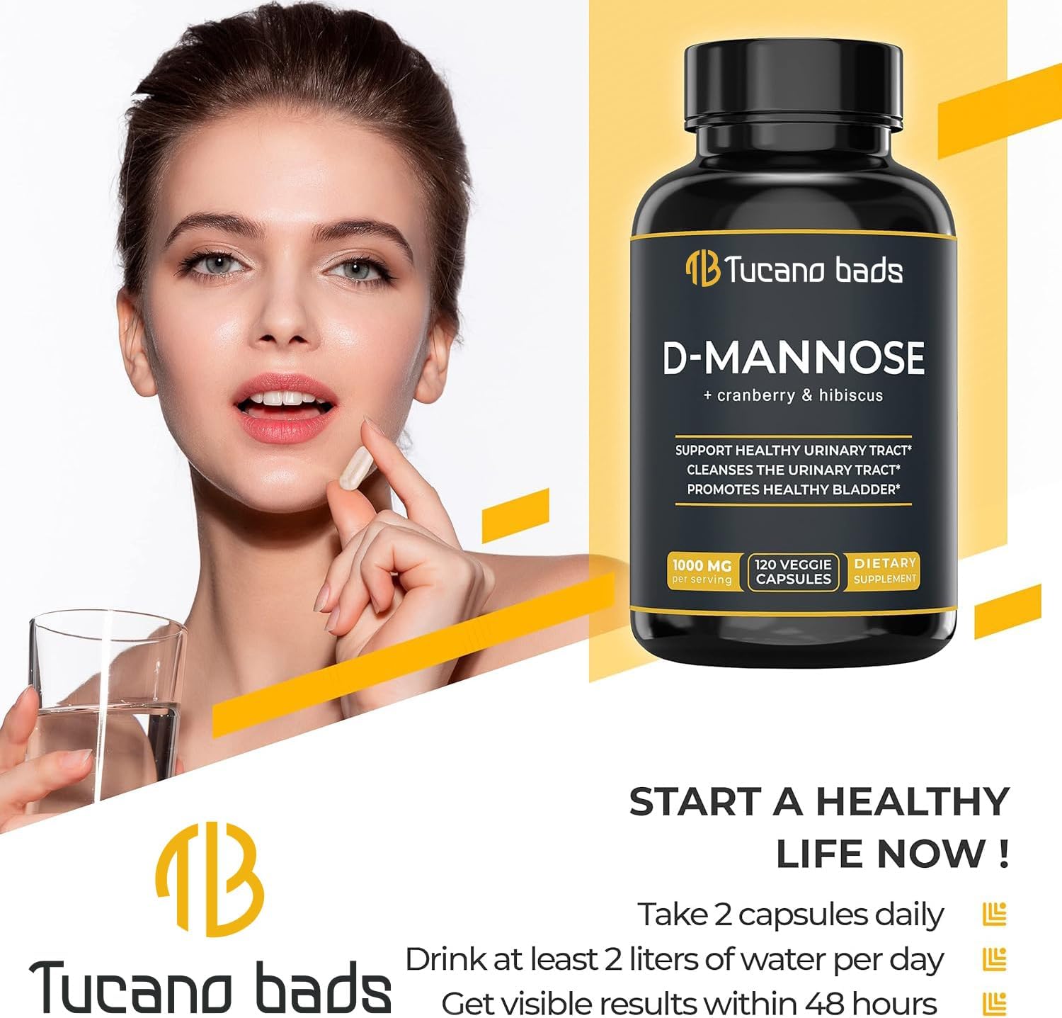 Urinary Tract Infection Treatments D Mannose 1000mg Capsules - Potent D-Mannose & Cranberry Pills with Hibiscus Extract - Healthy Bladder Control, Strength Urinary Tract Support (120 Capsules)