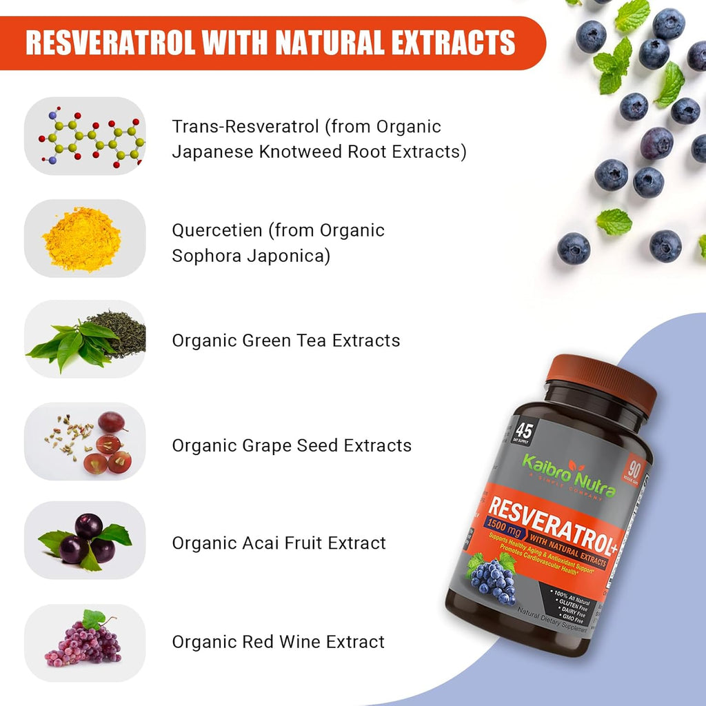 Kaibro Nutra Resveratrol Supplement, 1500mg Extra Strength Trans Resveratrol, Quercetin with Japanese Knotweed Extracts, Anti-Aging, Radiant Skin and Immunity Support, Vegan & Non-GMO, 90 Capsules